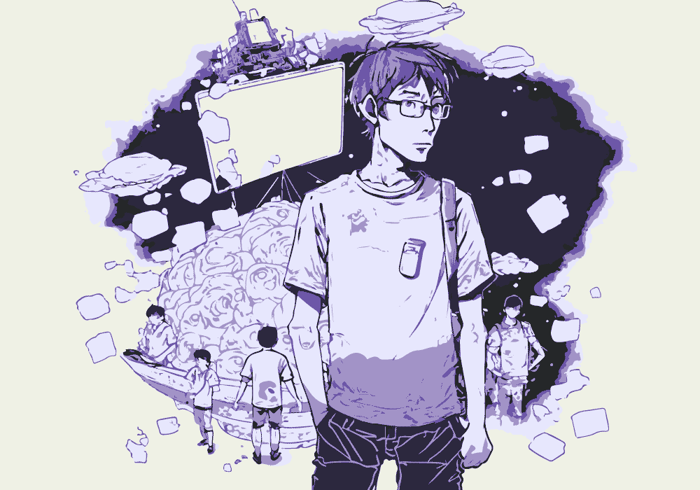 A portrait handsome guy with glasses, background with concept of AI, coin, web, Monochromatic, Watercolor Painting, pencil, Children’s Drawing, Outlined, style of Ushio Shinohara