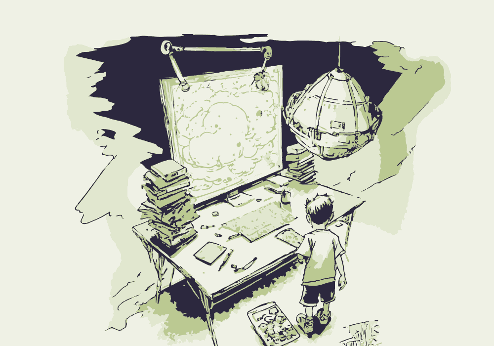 A simple sketch of world famous web designer desk on a studio, Monochromatic, Watercolor Painting, Children’s Drawing, Outlined, soft ink wide stroke, style of Ushio Shinohara